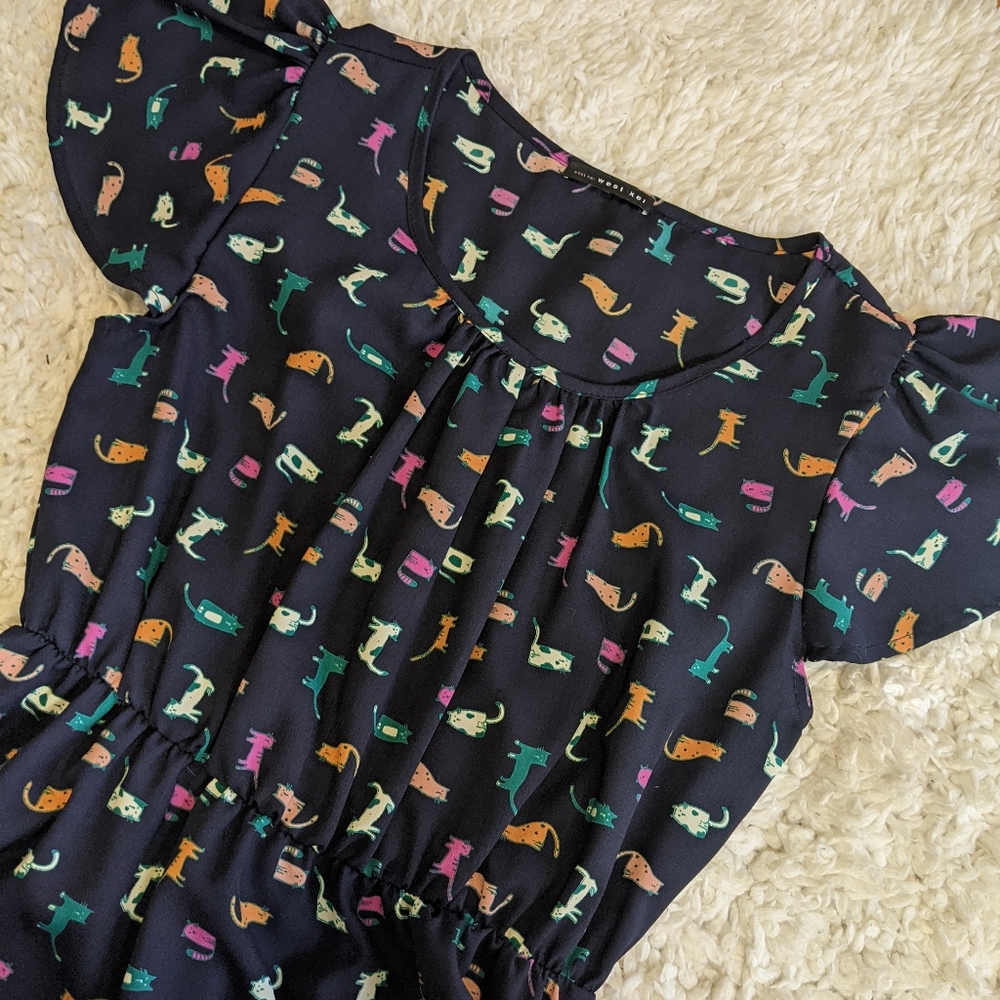 West Kei Cat Print Navy Short Sleeve Mini Dress